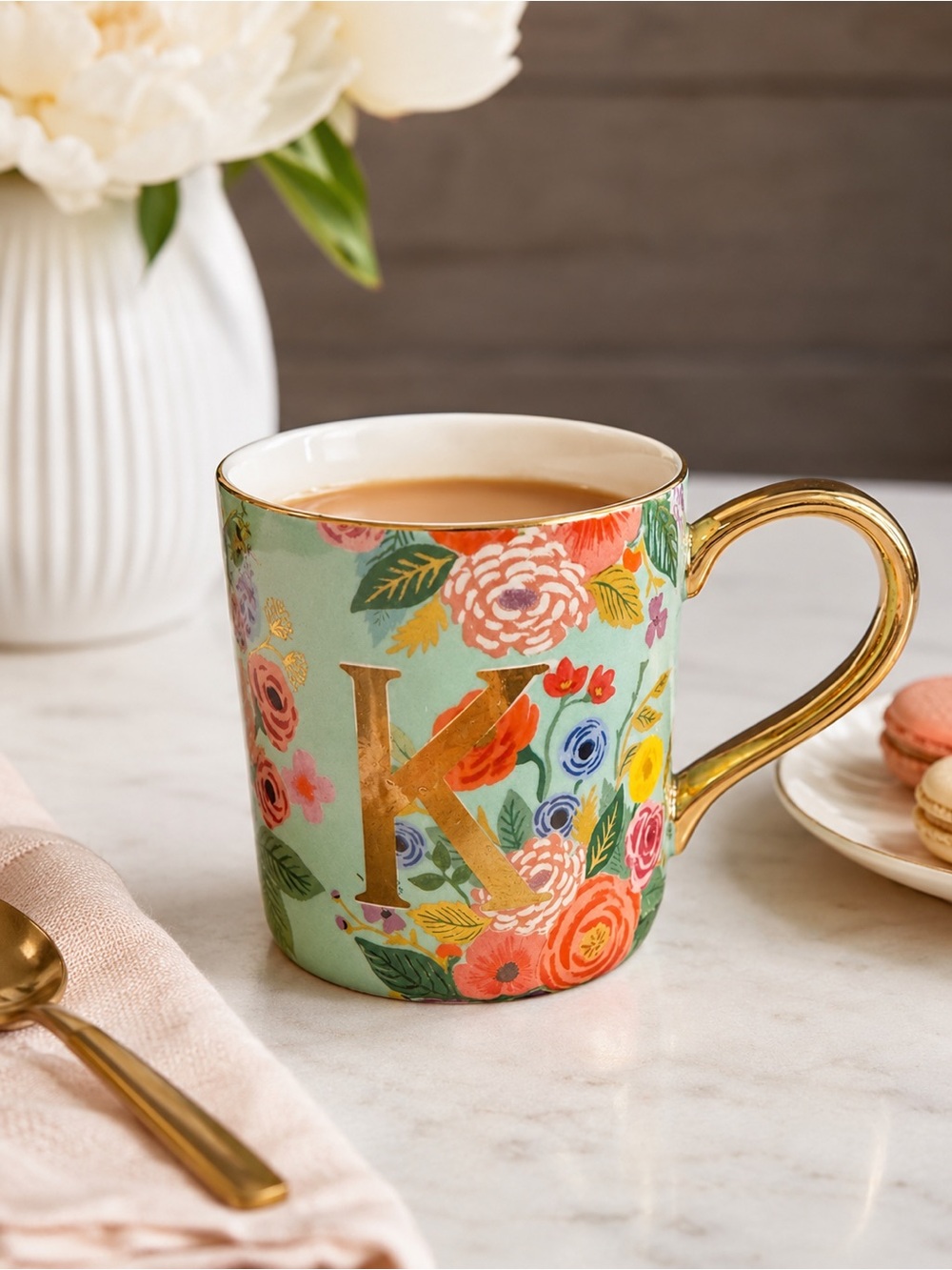 Rifle Paper Co. Anthropologie Garden Party Monogram Mug Initial K Gold EUC